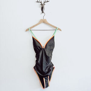 Popvil Women's Black One Piece Swimsuit with Neon Trim Size Large NWT